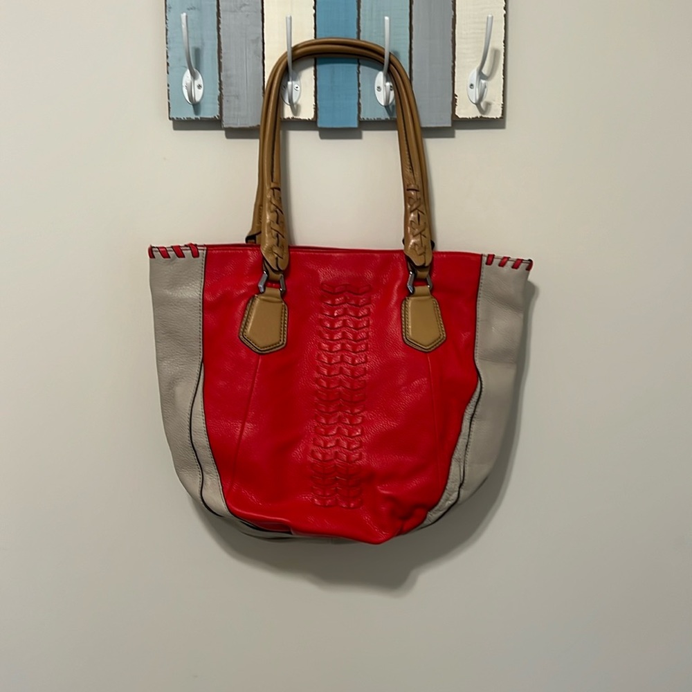 orYany Women’s Lyssie Soft Pebbled Genuine Leather Color-Block Tote / Berry Red